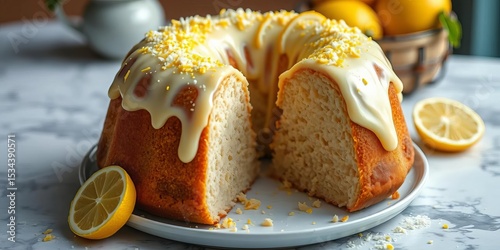 Vegan lemon gugelhupf cake with zesty lemon icing,  sugar,  treat