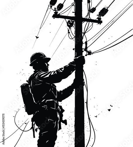 Utility Worker on Electrical Pole Silhouette Symbol Set Featuring a Lineman Climbing a Power Line with Safety Gear, Helmet, Harness, and Backpack—Representing Electrical Work, Maintenance, 