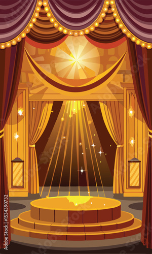 A vector illustration of a theatre stage with curtains and spotlights shining down