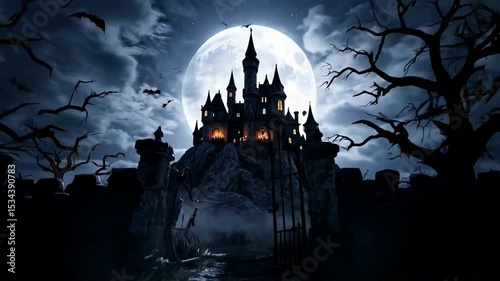 Spooky halloween castle under full moon, Animated gothic night scene, 4K loop