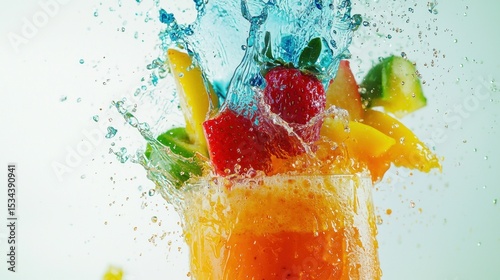 Refreshing Fruit Splash, vibrant summer cocktail with strawberries, mango, and cucumber, captured in a dynamic splash of blue liquid.