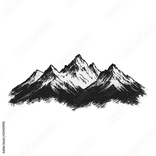 Hand-Drawn Mountain Range Sketch in Black and White Style