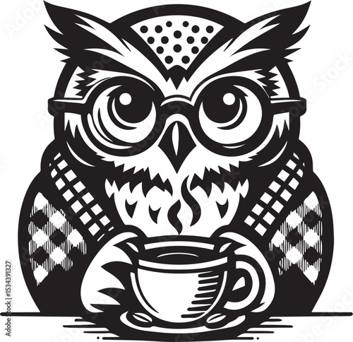 Adorable Owl with Coffee Cup Vector Illustration Stylish Black and White Design Perfect for Branding and Apparel