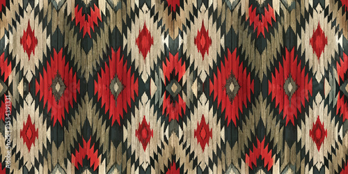Intricate geometric pattern in vibrant reds, blacks, and earthy tones.