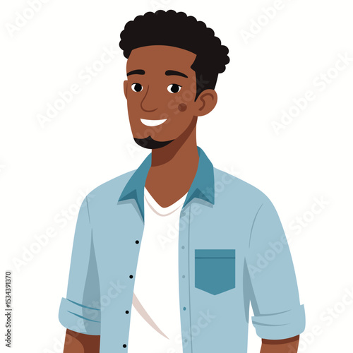 An African American man in a light blue denim shirt, a timeless and casual classic.