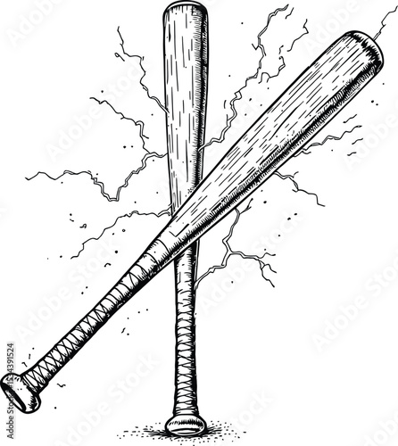 Crossed Baseball Bats Symbol Set Featuring Two Intersecting Bats with Lightning-Like Impact Lines—Representing Strength, Energy, and Competitive 