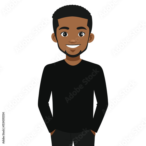 An African American man in a simple black long-sleeve t-shirt, sleek and versatile.