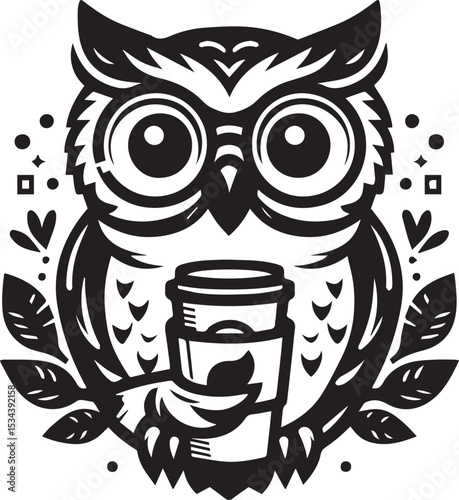 Adorable Owl with Coffee Cup Vector Illustration Stylish Black and White Design Perfect for Branding and Apparel