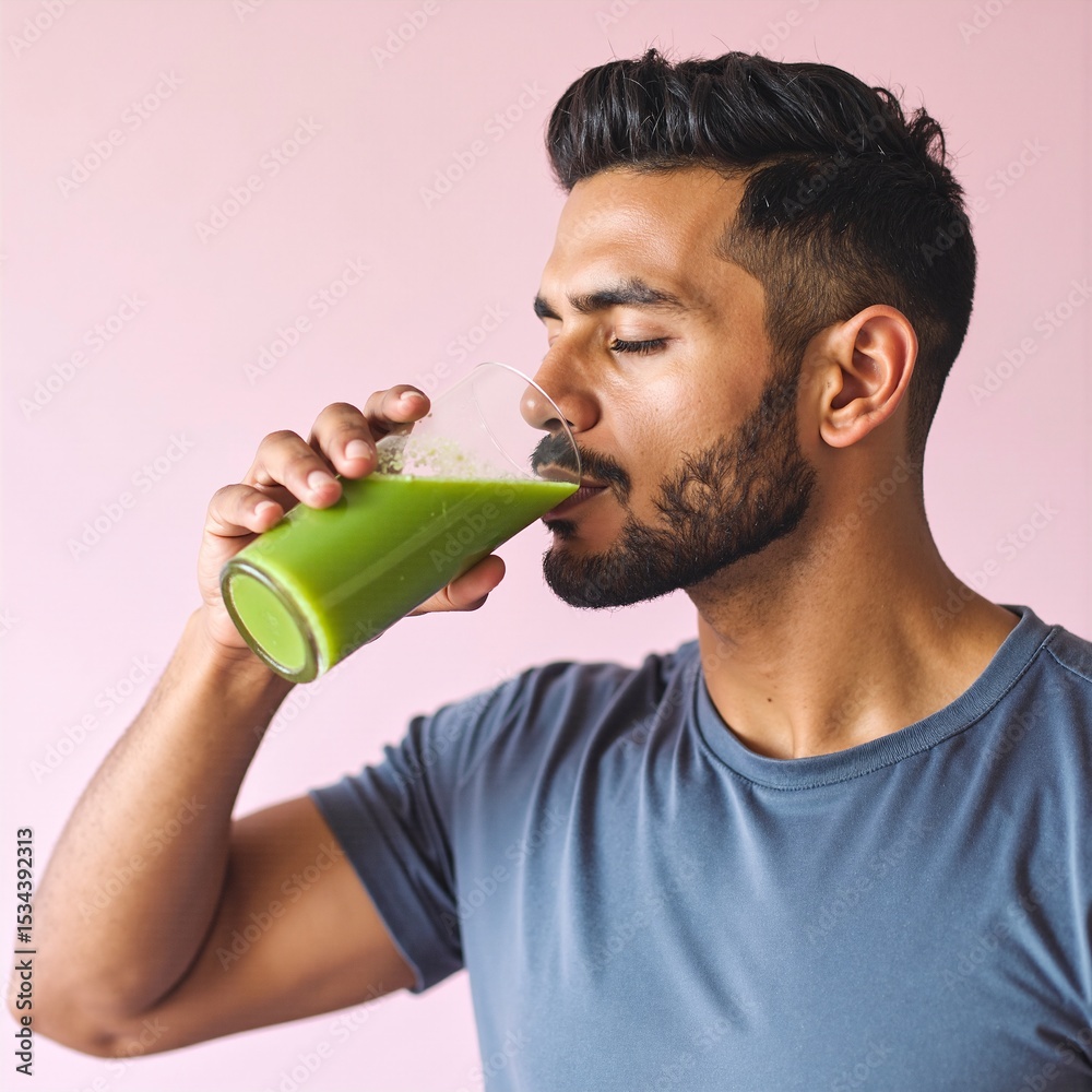 Fototapeta premium A man with a stylish haircut enjoys a refreshing green juice, smiling as he stands against a vibrant pink background that adds a lively contrast.