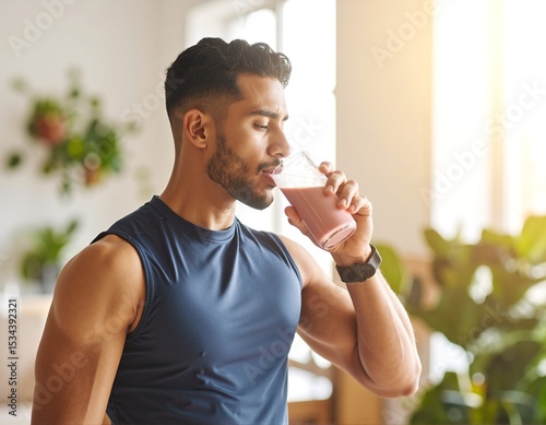A man in a casual t-shirt stands outdoors, lifting a clear water bottle to his lips, refreshing himself after a workout under the bright sun.