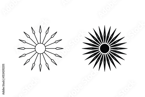 Two stylized sunburst designs in black and white perfect for decorative graphic elements