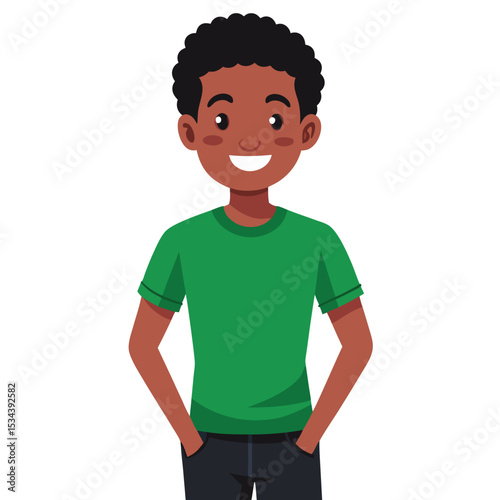 An African American man in a solid color t-shirt, a simple yet confident everyday style.