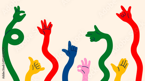 Retro style vector hands in motion – pointing, OK sign, peace fingers and holding pose. Colorful cartoon doodle illustration set for stickers and fun graphics