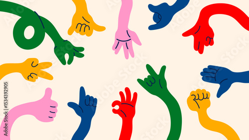Trendy retro cartoon hand illustrations – funky doodle style, colorful gestures like OK, hold, point and snap. Vector sticker elements