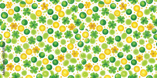 A vibrant pattern showcasing various citrus fruits and clovers on a light background.