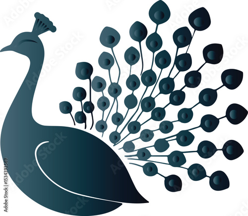 Stylized Peacock Vector Elegant Monochromatic Teal Illustration in Minimalist Emblem Style