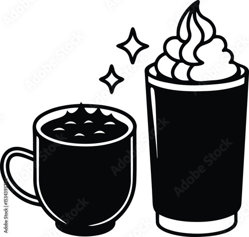 Hot Drink Vector Art with Mug and Sparkles, Stylized Coffee and Cocoa Silhouette, Cream Coffee Icon, coffee mug icon sets, 