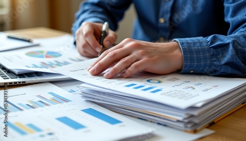 Analyzing financial reports and market trends office setting business documentation professional environment close-up view data insights for strategic decision making