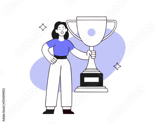 Elegant Businesswoman Holding Employee of the Month Award - Best Worker Recognition & Corporate Achievement | Flat Vector Illustration
