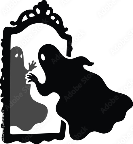 Spooky Ghost in Antique Mirror Halloween Illustration