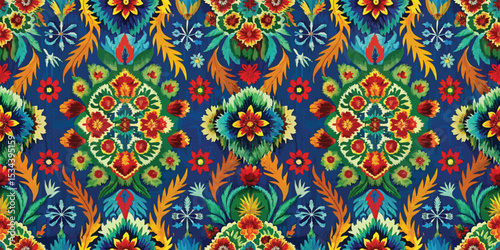 Vibrant floral pattern with bold colors and intricate designs on a deep blue background.