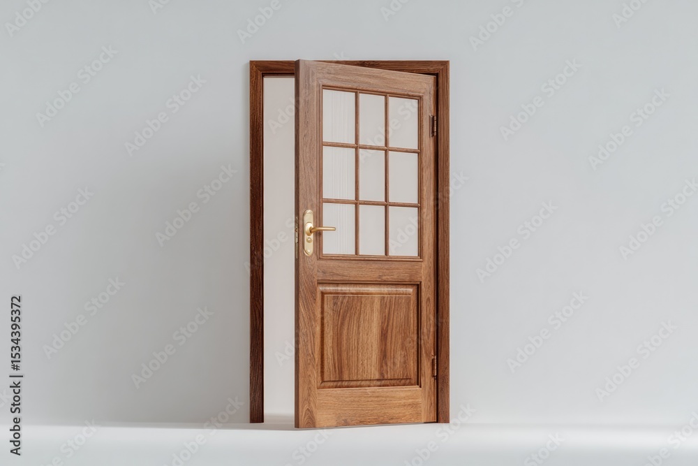 Obraz premium wooden door standing ajar surrounded by ample copy space on pure white background invites viewers to imagine what lies