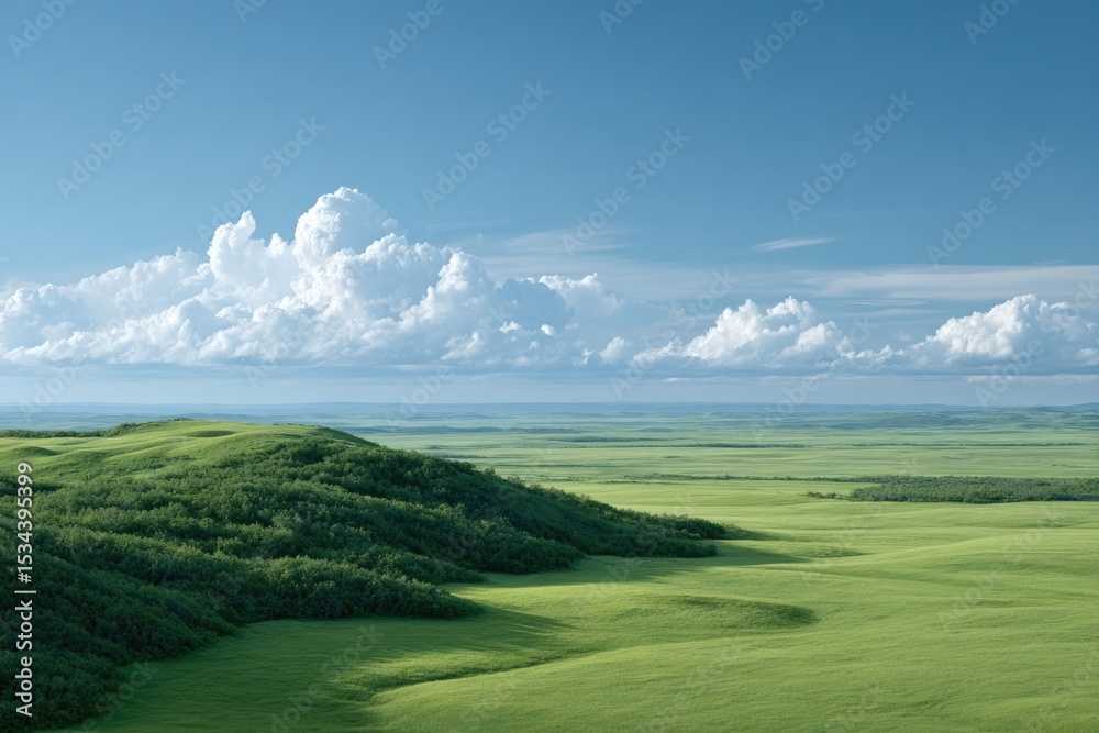 Fototapeta premium aerial view of minimalistic landscape showcasing serene fields surrounded by clear sky and scattered clouds