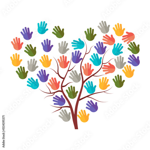 Heart Shaped Tree of Helping Hands Vector Illustration. A tree with bare brown branches forming the shape of a heart. Instead of leaves, colorful handprints of various hues.