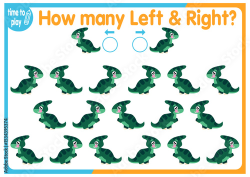 Children's educational game, tasks. Count how many elements will be placed on the right and how many on the left. Dinosaurs.	
