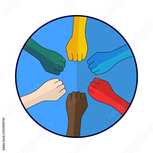 United Hands for a Common Goal Vector Illustration. Stronger Together - A Symbol of Inclusion. Circle of Unity and Equality. Solidarity, cooperation, teamwork and inclusivity.