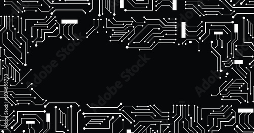 Circuit board texture background, seamless pattern. White lines and dots on black background. Vector design. Copy space for text. Vector illustration.