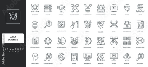 Computer and server network, HCI, data processing thin black symbol vector illustration. AI and data science, algorithm, program and database, cybersecurity, machine learning line icon set.