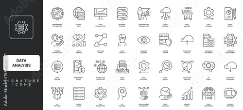 Infographic statistic diagram chart growth, presentation thin black outline symbols vector illustration. Data analysis, research process automation with AI, secure cloud services line icon set.