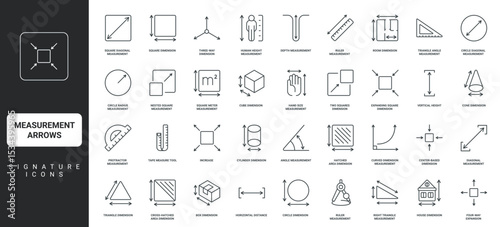 Ruler with scale measure width and height, house plan and box, square resize, space thin black symbols vector illustration. Measurement size, dimension scalable arrows, tools line icon set.