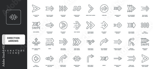 Cursor of arrow shape to click, modern traffic turn signs thin black symbols vector illustration. Direction arrows, direction pointer to right and forward, straight and curved line icon set.