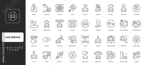 Auto service, Car garage icon set. Fix vehicle problem in workshop outline symbols vector illustration. Car maintenance and repair service, auto shop, insurance line icon set.