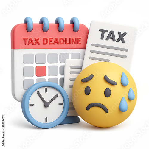 3D tax deadline stress icon with calendar, documents and clock in transparent background for business and finance pressure visuals.