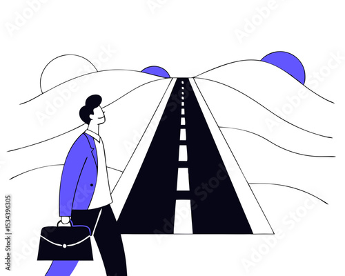 Businessman Walking Long Winding Path to Success Summit - Perseverance Journey, Career Growth & Future Achievement | Flat Vector Illustration