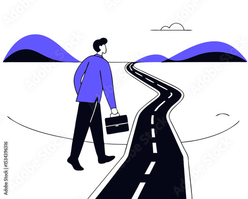 Businessman Walking Long Winding Path to Success Summit - Perseverance Journey, Career Growth & Future Achievement | Flat Vector Illustration