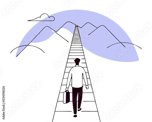 Businessman Walking Long Winding Path to Success Summit - Perseverance Journey, Career Growth & Future Achievement | Flat Vector Illustration