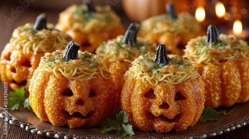 Mini jack-o'-lantern bell peppers with veggie filling  
