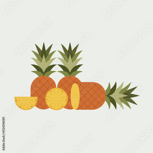 Whole and sliced pineapples flat lay illustration