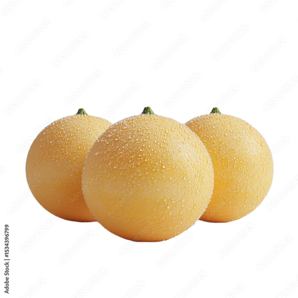 Fototapeta premium Three juicy yellow melons glistening with dew droplets refreshing summer treat