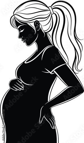 Pregnant Woman Silhouette Black White Profile vector