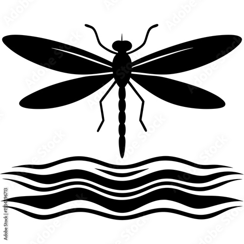 Dragonfly Silhouette Hovering Above Water Vector Clipart