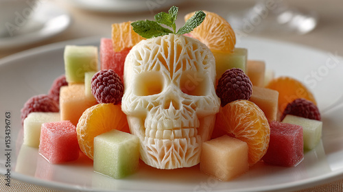 Halloween melon skull fruit platter 
