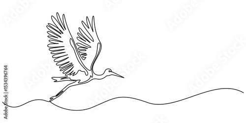 Heron stork single continuous one line out line vector art drawing on white background, Continuous one single minimal line drawing Cranes, Stork bird continuous one line drawing minimalism design.