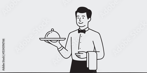 Smiling waiter serving food on silver platter