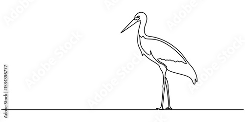 Heron stork single continuous one line out line vector art drawing on white background, Continuous one single minimal line drawing Cranes, Stork bird continuous one line drawing minimalism design.