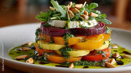 Layered burrata salad with pesto and heirloom vegetables
